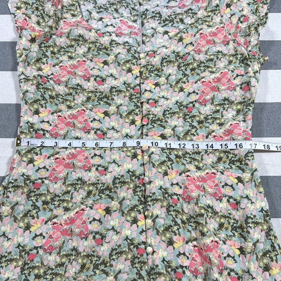 Loft Floral V-Neck Button Closure Midi Dress Short Sleeve 100% Rayon A line L - Picture 6 of 11